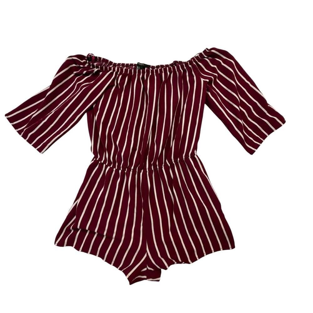 Forever 21 Women's Burgundy and Cream Striped Off-the-Shoulder Romper